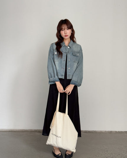 APXIVI Retro Polo-Collar Cropped Denim Jacket