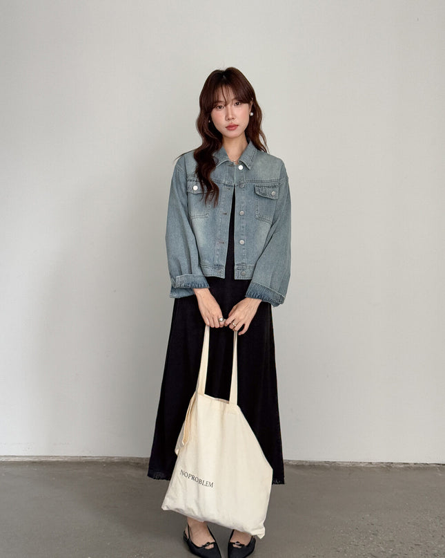 APXIVI Retro Polo-Collar Cropped Denim Jacket