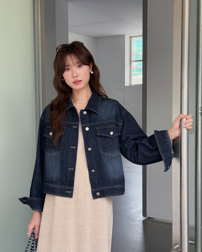 APXIVI Retro Polo-Collar Cropped Denim Jacket