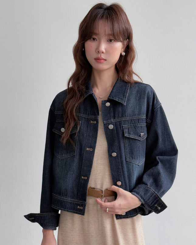 APXIVI Retro Polo-Collar Cropped Denim Jacket