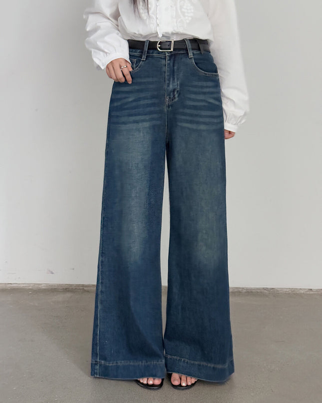 APXIVI Retro High-Waist Flared Hem Denim Pants