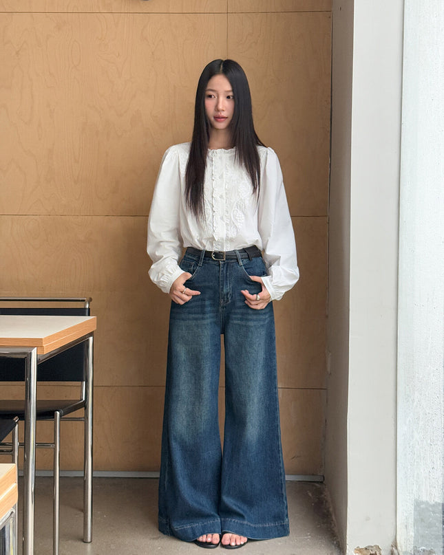 APXIVI Retro High-Waist Flared Hem Denim Pants