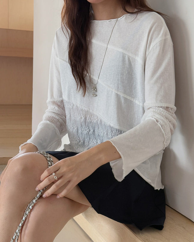 APXIVI Asymmetrical Embroidered Patchwork Round Neck Long-Sleeve Tee