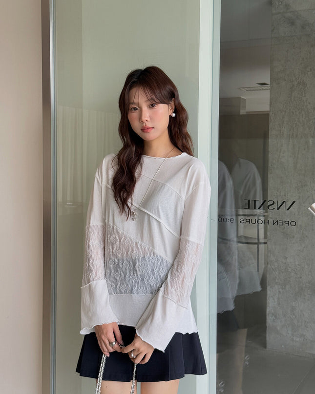 APXIVI Asymmetrical Embroidered Patchwork Round Neck Long-Sleeve Tee