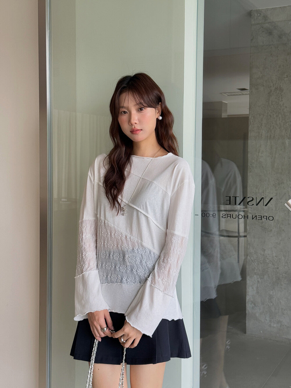 APXIVI Asymmetrical Embroidered Patchwork Round Neck Long-Sleeve Tee
