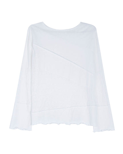APXIVI Asymmetrical Embroidered Patchwork Round Neck Long-Sleeve Tee