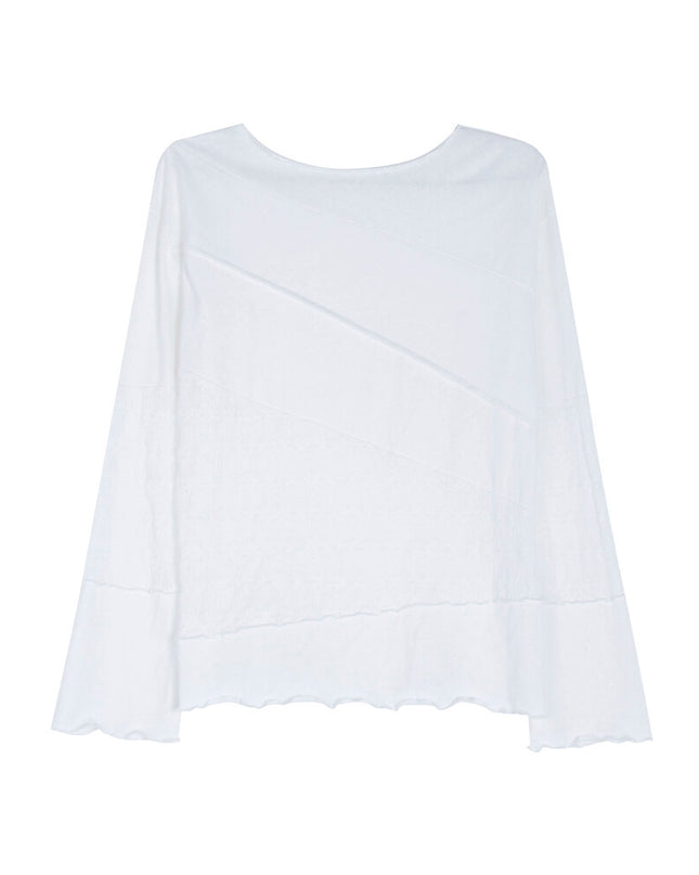 APXIVI Asymmetrical Embroidered Patchwork Round Neck Long-Sleeve Tee