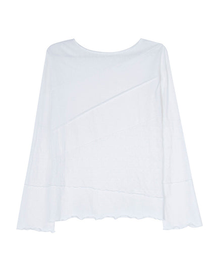 APXIVI Asymmetrical Embroidered Patchwork Round Neck Long-Sleeve Tee