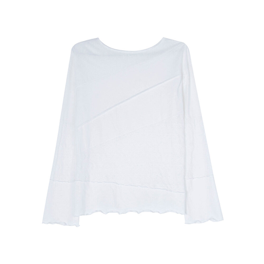 APXIVI Asymmetrical Embroidered Patchwork Round Neck Long-Sleeve Tee