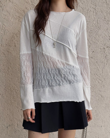 APXIVI Asymmetrical Embroidered Patchwork Round Neck Long-Sleeve Tee