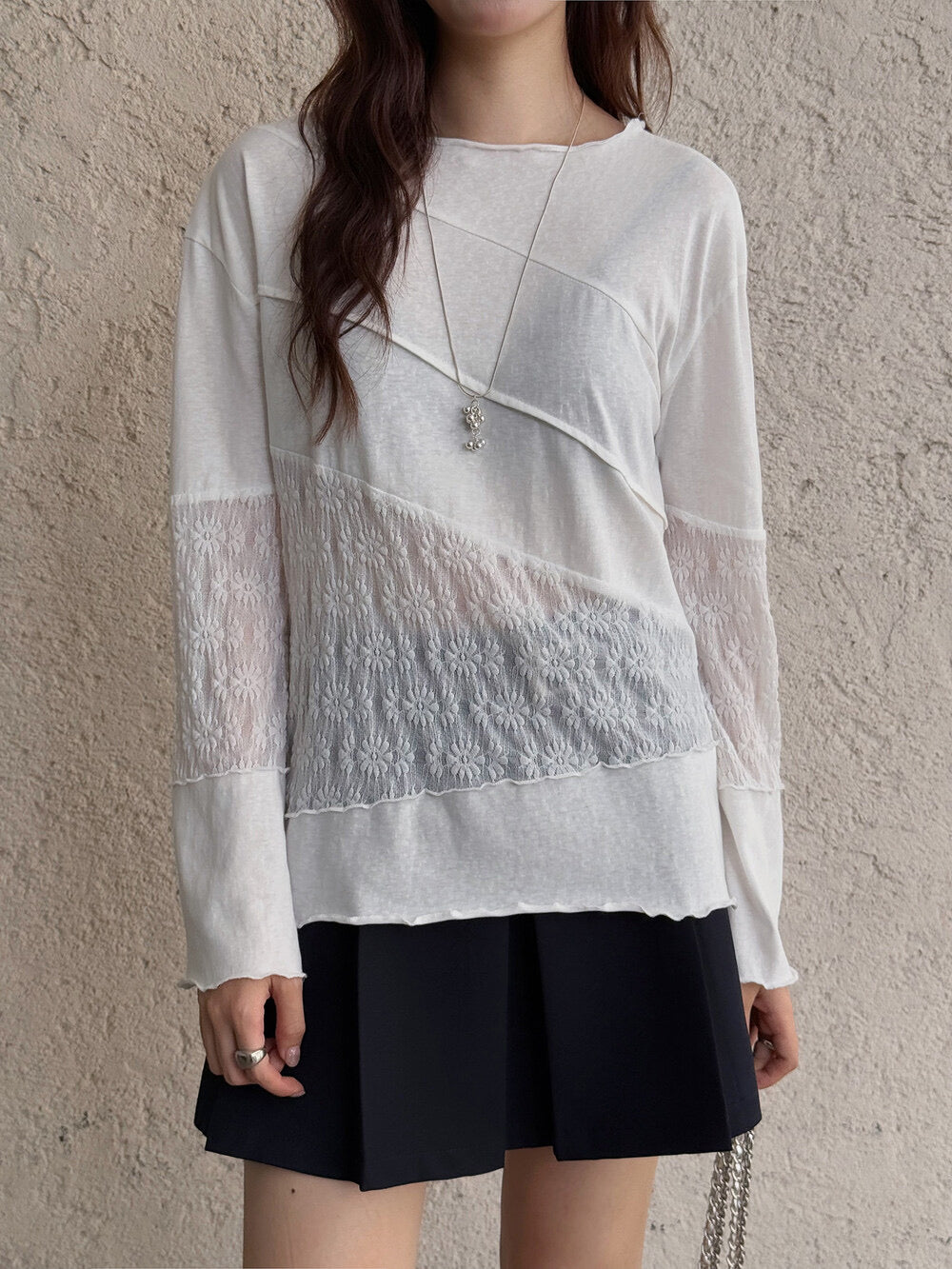 APXIVI Asymmetrical Embroidered Patchwork Round Neck Long-Sleeve Tee