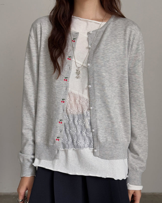 APXIVI Asymmetrical Embroidered Patchwork Round Neck Long-Sleeve Tee