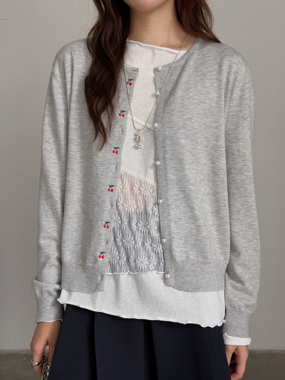 APXIVI Asymmetrical Embroidered Patchwork Round Neck Long-Sleeve Tee