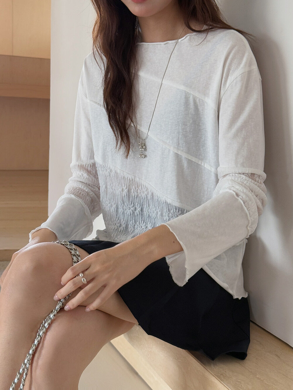 APXIVI Asymmetrical Embroidered Patchwork Round Neck Long-Sleeve Tee