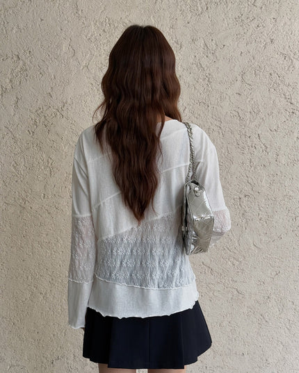 APXIVI Asymmetrical Embroidered Patchwork Round Neck Long-Sleeve Tee