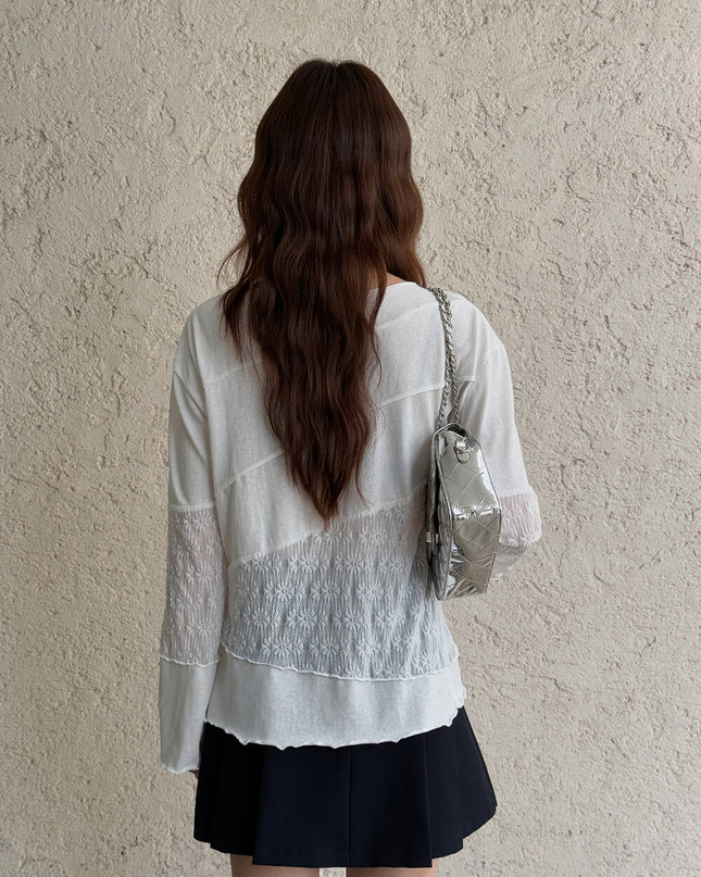 APXIVI Asymmetrical Embroidered Patchwork Round Neck Long-Sleeve Tee