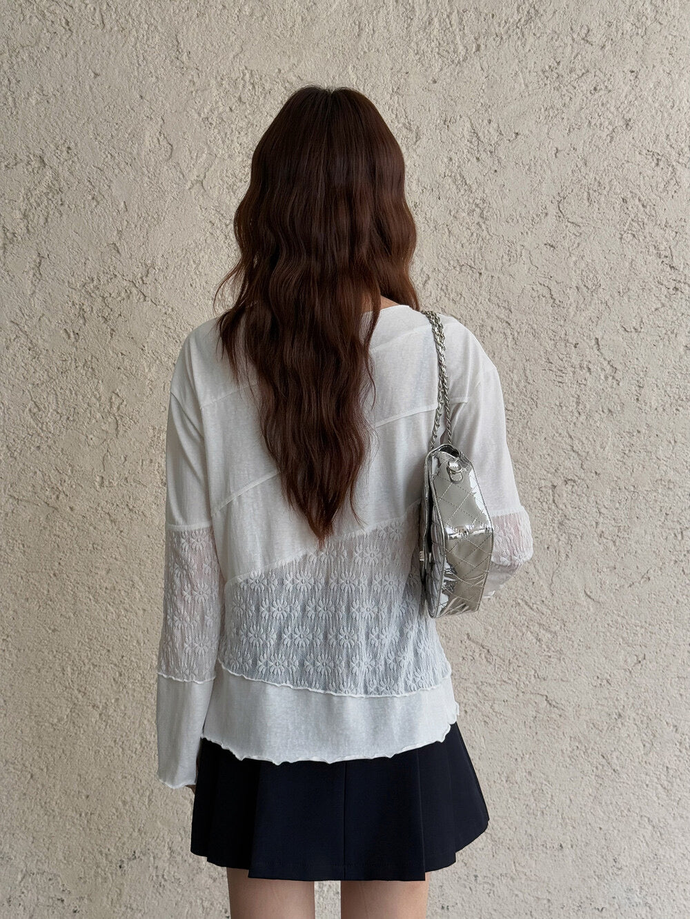 APXIVI Asymmetrical Embroidered Patchwork Round Neck Long-Sleeve Tee