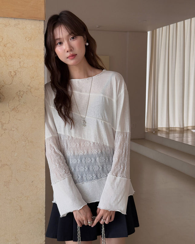 APXIVI Asymmetrical Embroidered Patchwork Round Neck Long-Sleeve Tee