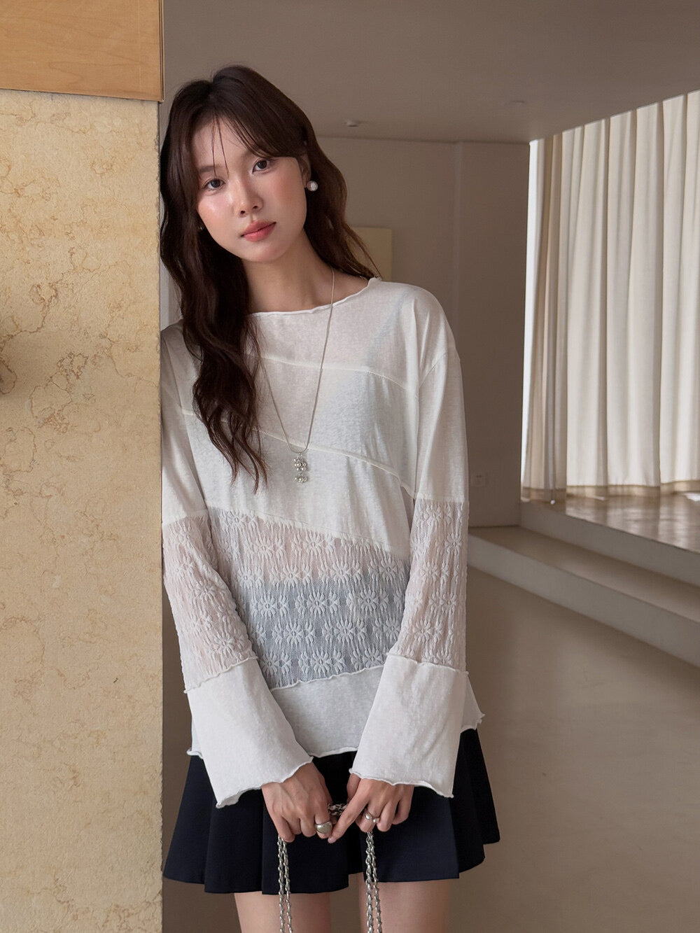 APXIVI Asymmetrical Embroidered Patchwork Round Neck Long-Sleeve Tee
