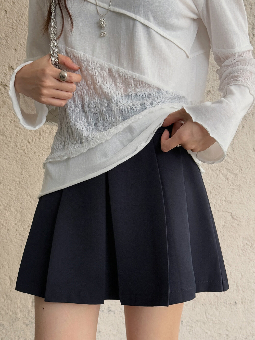 APXIVI Asymmetrical Embroidered Patchwork Round Neck Long-Sleeve Tee