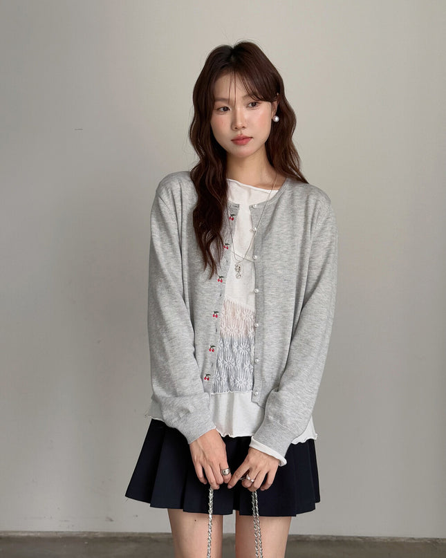 APXIVI Asymmetrical Embroidered Patchwork Round Neck Long-Sleeve Tee