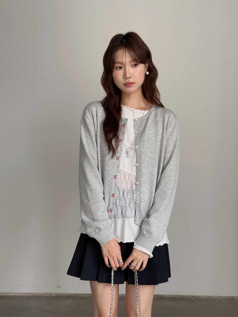 APXIVI Asymmetrical Embroidered Patchwork Round Neck Long-Sleeve Tee