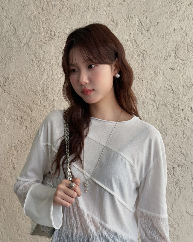APXIVI Asymmetrical Embroidered Patchwork Round Neck Long-Sleeve Tee