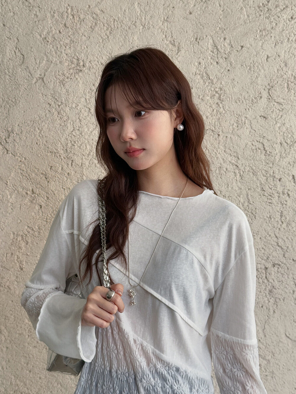 APXIVI Asymmetrical Embroidered Patchwork Round Neck Long-Sleeve Tee