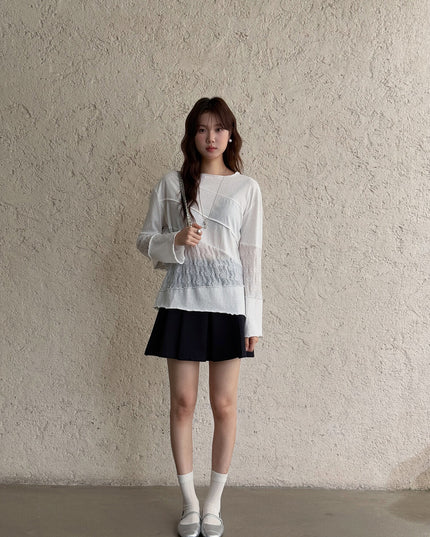 APXIVI Asymmetrical Embroidered Patchwork Round Neck Long-Sleeve Tee