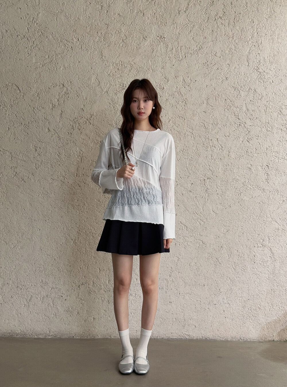 APXIVI Asymmetrical Embroidered Patchwork Round Neck Long-Sleeve Tee