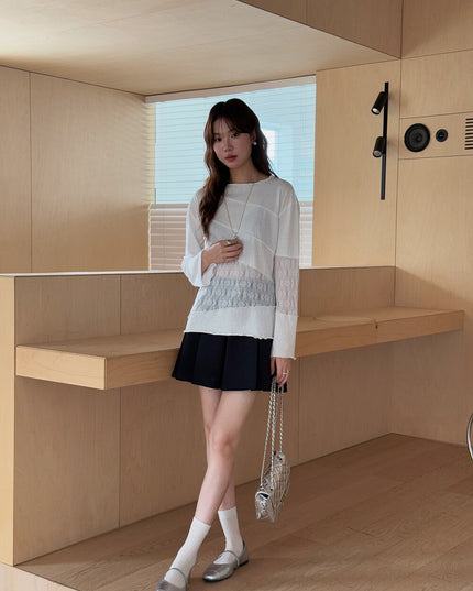 APXIVI Asymmetrical Embroidered Patchwork Round Neck Long-Sleeve Tee