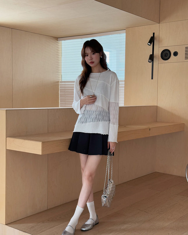 APXIVI Asymmetrical Embroidered Patchwork Round Neck Long-Sleeve Tee