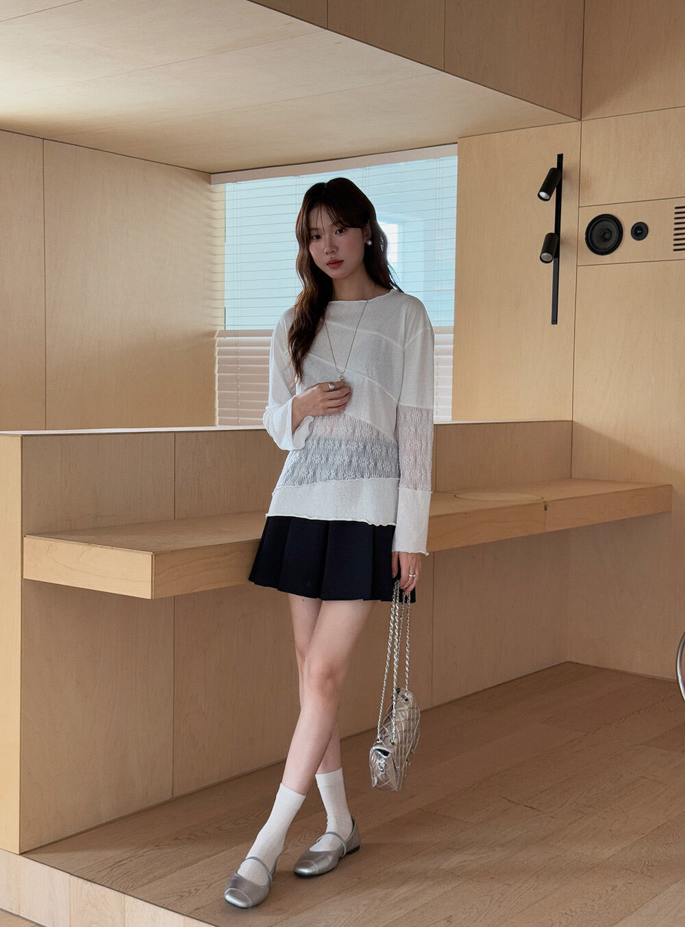 APXIVI Asymmetrical Embroidered Patchwork Round Neck Long-Sleeve Tee