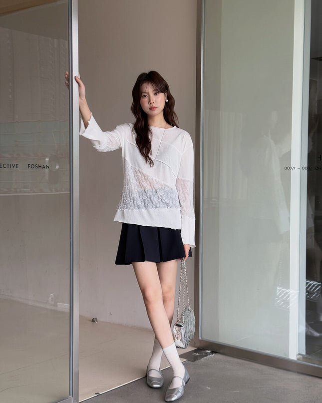 APXIVI Asymmetrical Embroidered Patchwork Round Neck Long-Sleeve Tee