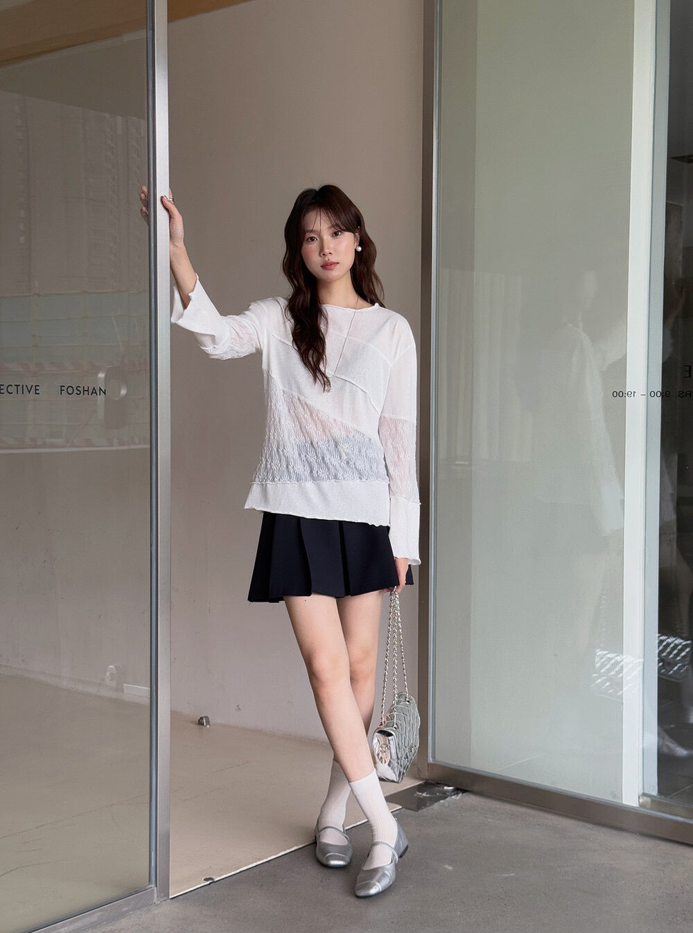 APXIVI Asymmetrical Embroidered Patchwork Round Neck Long-Sleeve Tee