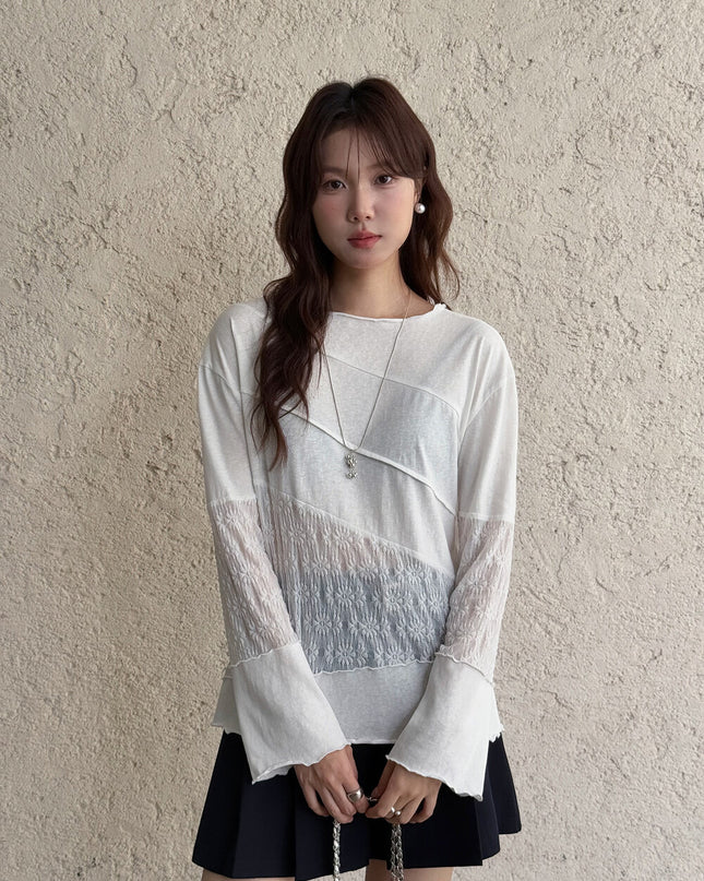 APXIVI Asymmetrical Embroidered Patchwork Round Neck Long-Sleeve Tee