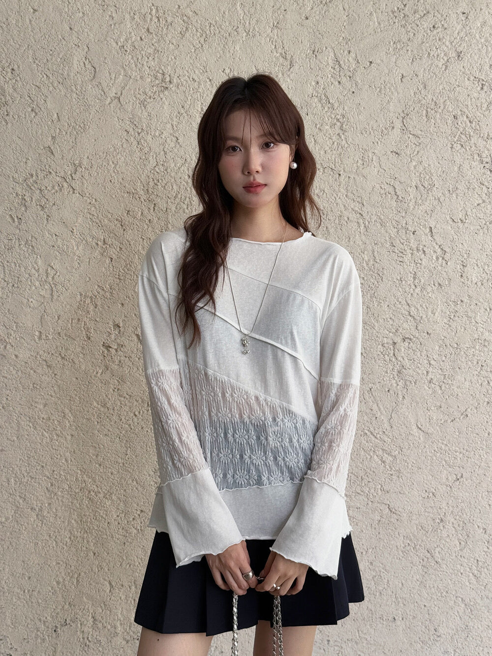 APXIVI Asymmetrical Embroidered Patchwork Round Neck Long-Sleeve Tee