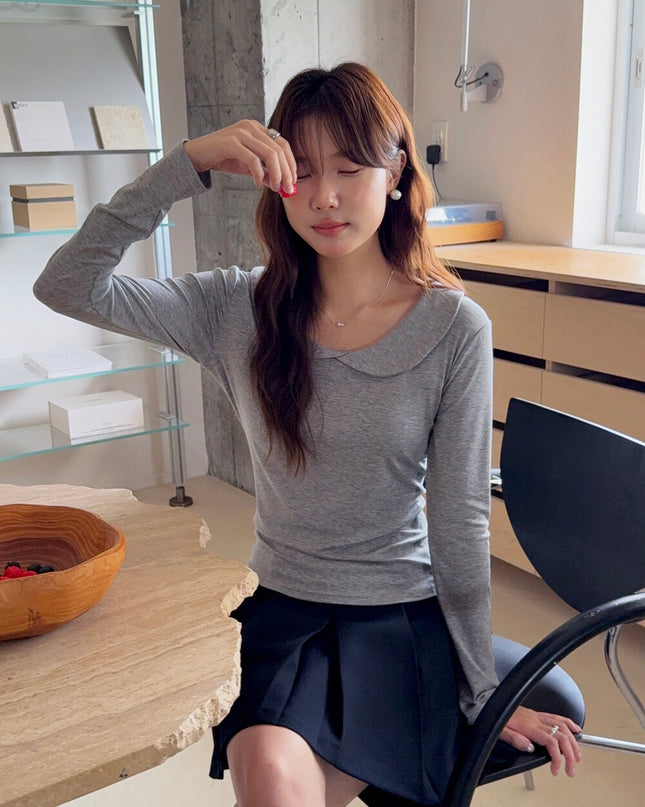 APXIVI Korean-Inspired Commuter Doll Collar Shoulder-Fit Long-Sleeve Tee