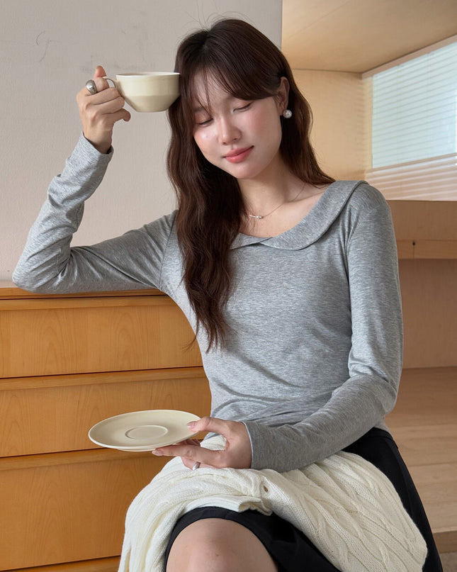 APXIVI Korean-Inspired Commuter Doll Collar Shoulder-Fit Long-Sleeve Tee
