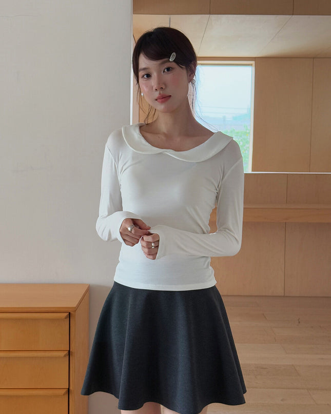 APXIVI Korean-Inspired Commuter Doll Collar Shoulder-Fit Long-Sleeve Tee