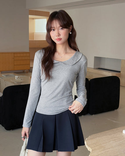 APXIVI Korean-Inspired Commuter Doll Collar Shoulder-Fit Long-Sleeve Tee
