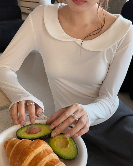 APXIVI Korean-Inspired Commuter Doll Collar Shoulder-Fit Long-Sleeve Tee