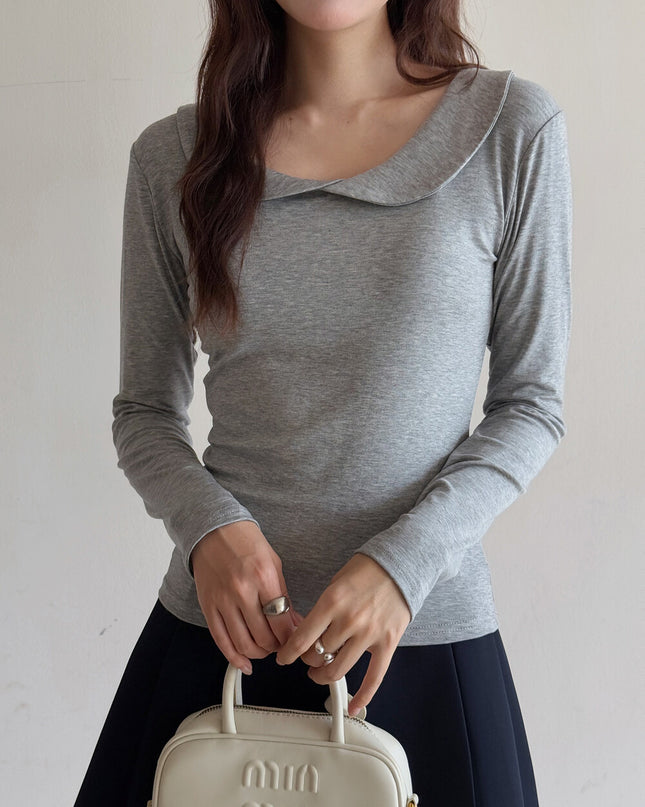 APXIVI Korean-Inspired Commuter Doll Collar Shoulder-Fit Long-Sleeve Tee