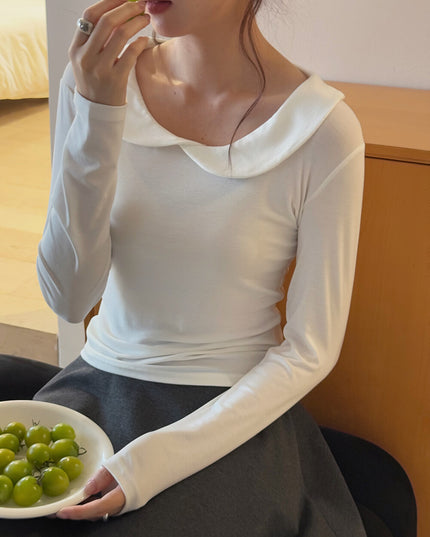 APXIVI Korean-Inspired Commuter Doll Collar Shoulder-Fit Long-Sleeve Tee