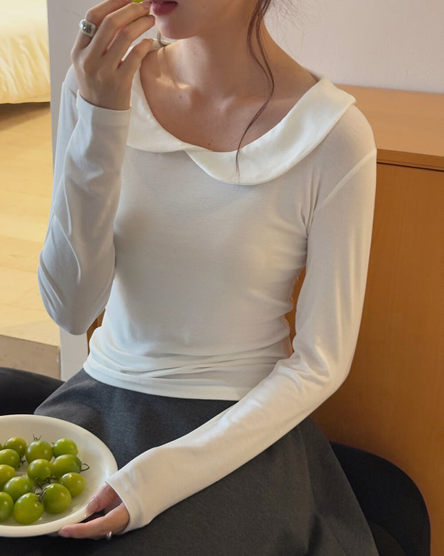 APXIVI Korean-Inspired Commuter Doll Collar Shoulder-Fit Long-Sleeve Tee