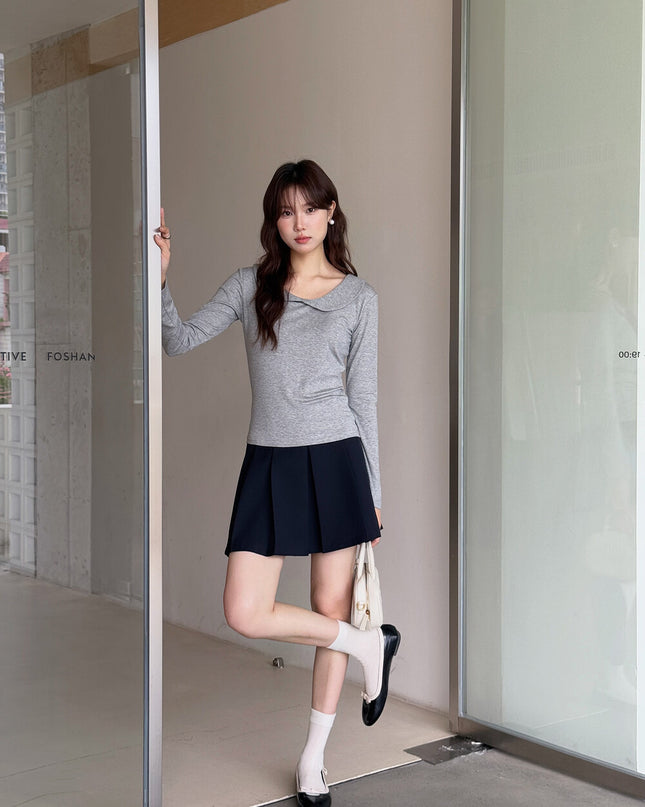 APXIVI Korean-Inspired Commuter Doll Collar Shoulder-Fit Long-Sleeve Tee