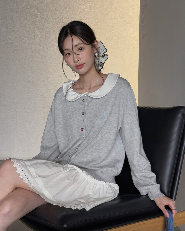 APXIVI Korean-Inspired Cherry Embroidery Wool Knit Cardigan (6% Wool)