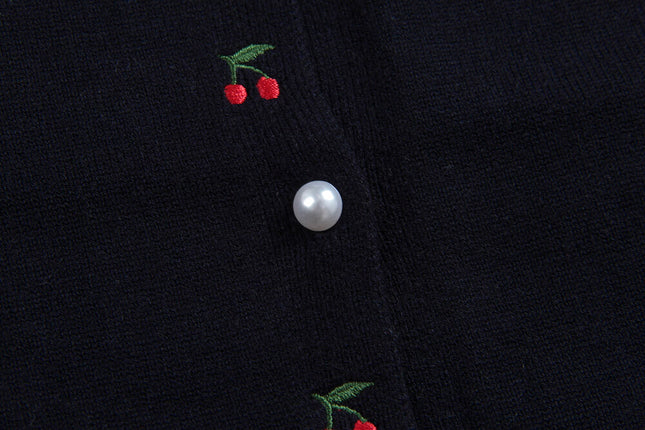 APXIVI Korean-Inspired Cherry Embroidery Wool Knit Cardigan (6% Wool)