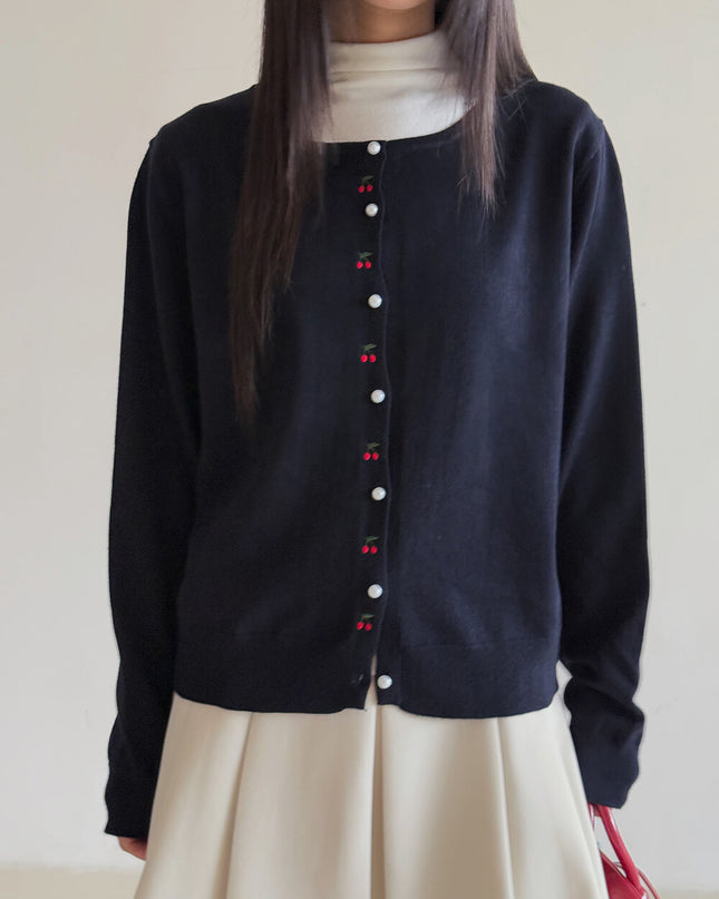 APXIVI Korean-Inspired Cherry Embroidery Wool Knit Cardigan (6% Wool)
