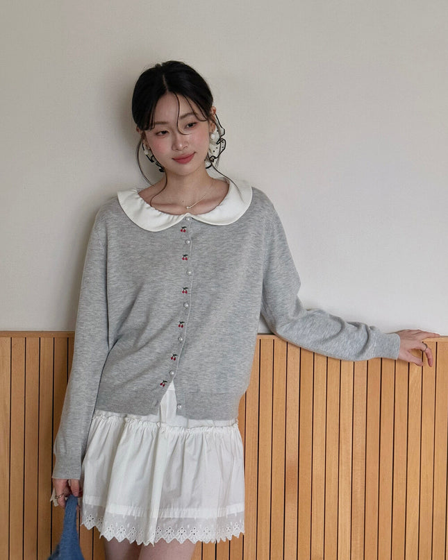 APXIVI Korean-Inspired Cherry Embroidery Wool Knit Cardigan (6% Wool)